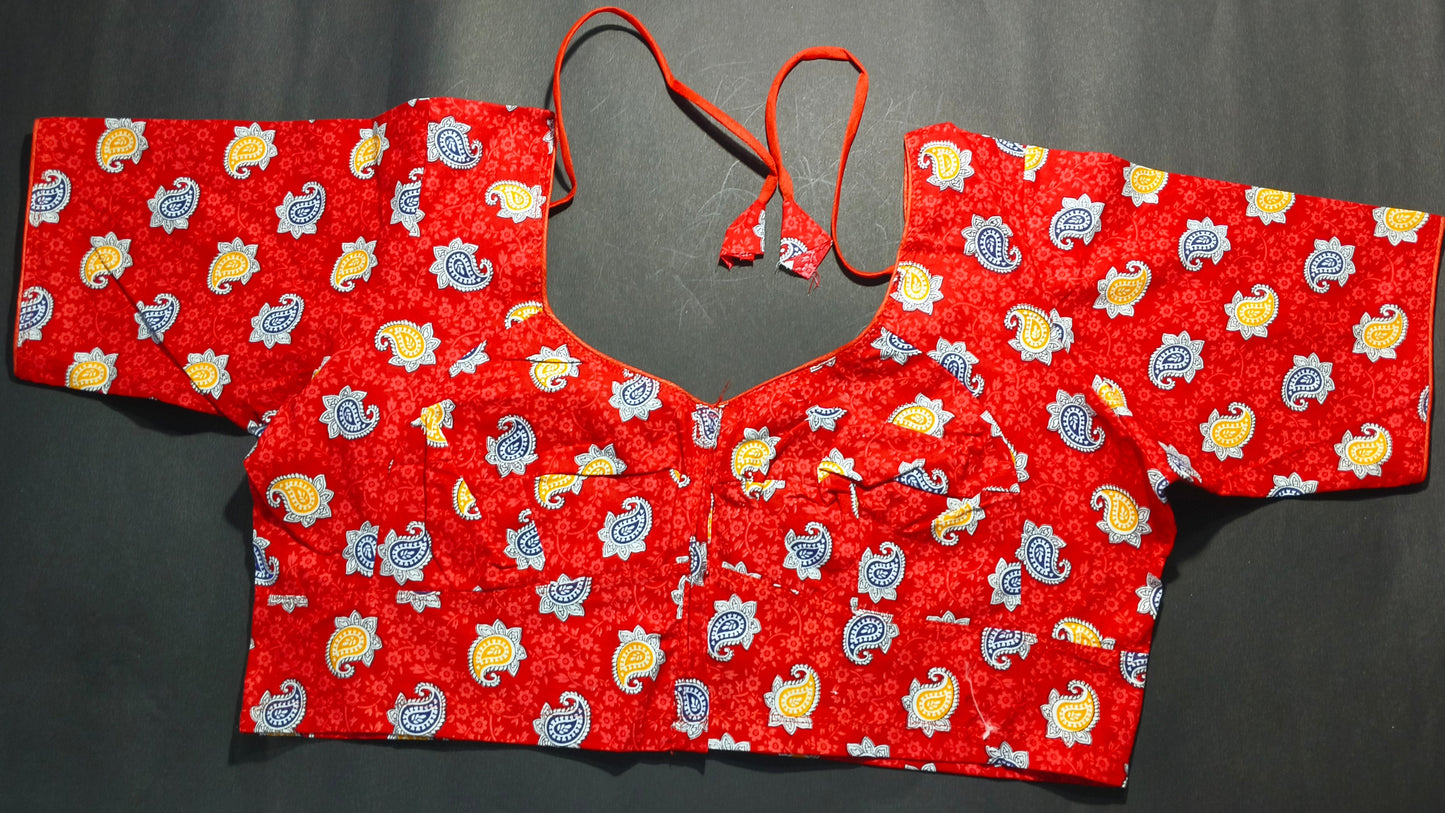 Elegant Red Cotton Blouse with Paisley Print / Tie-Up Back