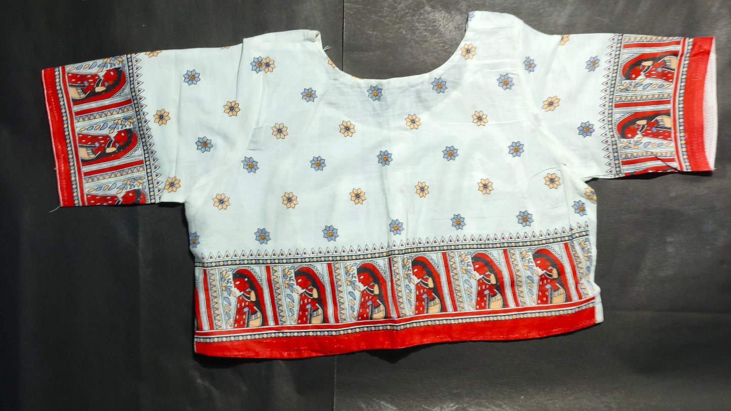 Handcrafted Madhubani Print Cotton Blouse – Traditional Indian Ethnic Wear with Artistic Folk Design, Perfect for Sarees & Festive Outfits