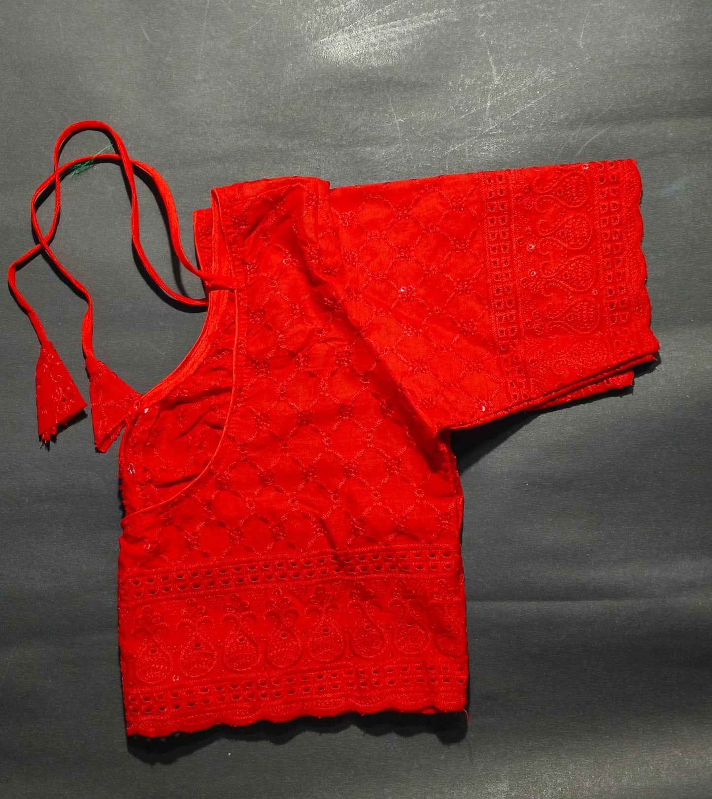 Red Cotton Embroidered Blouse with Cutwork Design