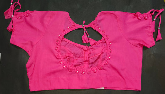 Hot Pink Cotton Blouse with Pearl Detailing – Front Open / 100% Pure Cotton