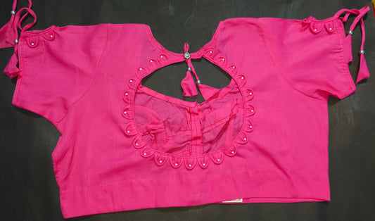 Hot Pink Cotton Blouse with Pearl Detailing – Front Open / 100% Pure Cotton