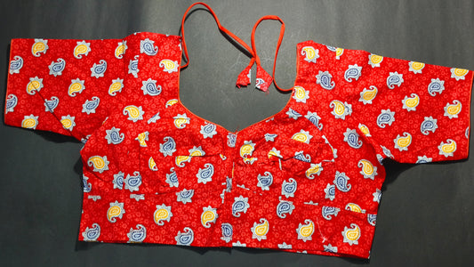 Elegant Red Cotton Blouse with Paisley Print / Tie-Up Back
