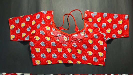 Elegant Red Cotton Blouse with Paisley Print / Tie-Up Back