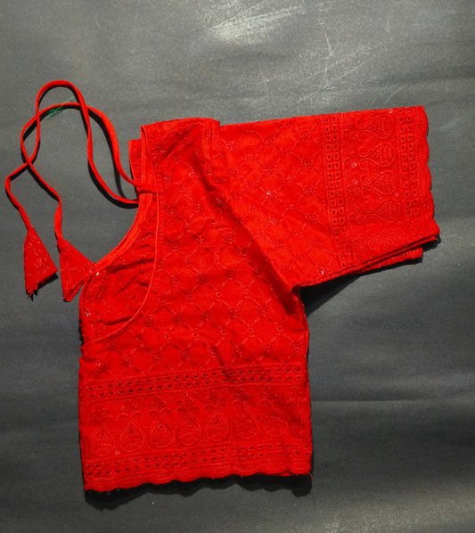 Red Cotton Embroidered Blouse with Cutwork Design