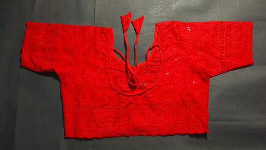 Handcrafted Red Cotton Blouse with Lace Embroidery – Perfect for Sarees & Weddings